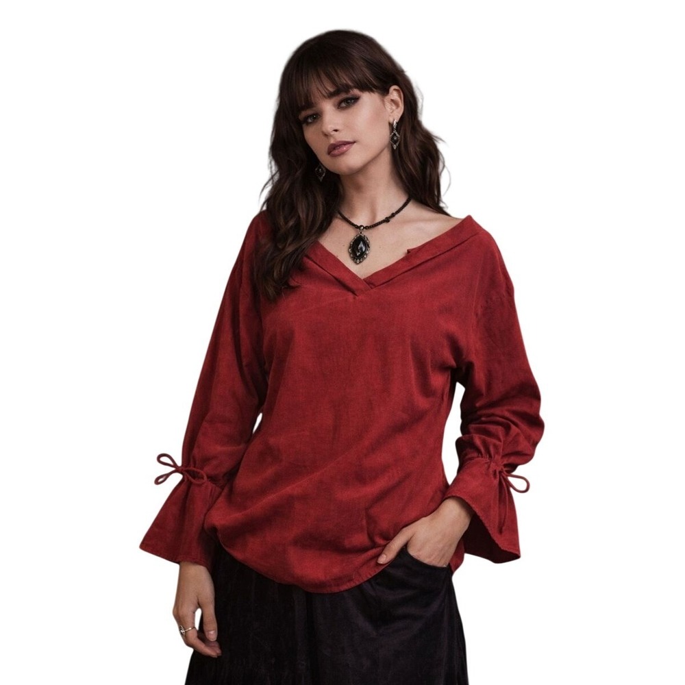 Whimsigoth Vamp Red V-Neck Button Front‎ Blouse Tie Sleeve Women's Size M